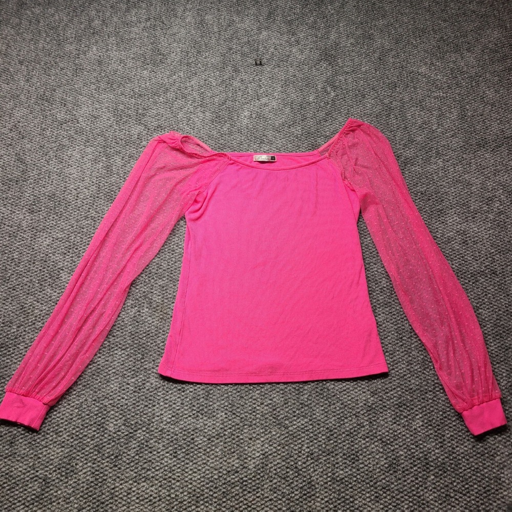 Dorose Hot Pink Ribbed Swiss Dot Sheer Mesh Long Sleeve Top Medium